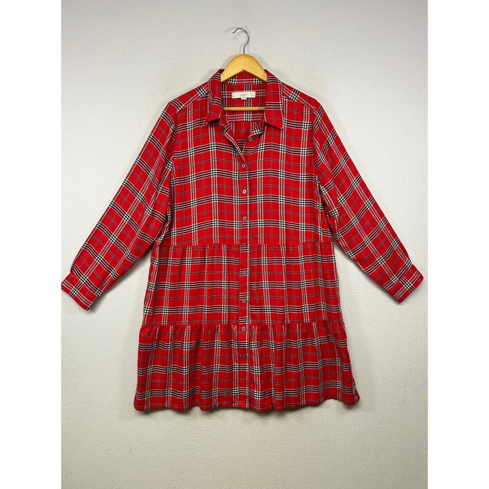 Holiday Plaid Loft Womens XXL Petites Red‎ Tiered Long Sleeve Button Shirt Dress